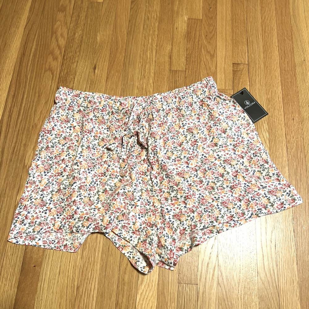 Volcom Orange & Green Floral Some Thyme Fold-over Shorts